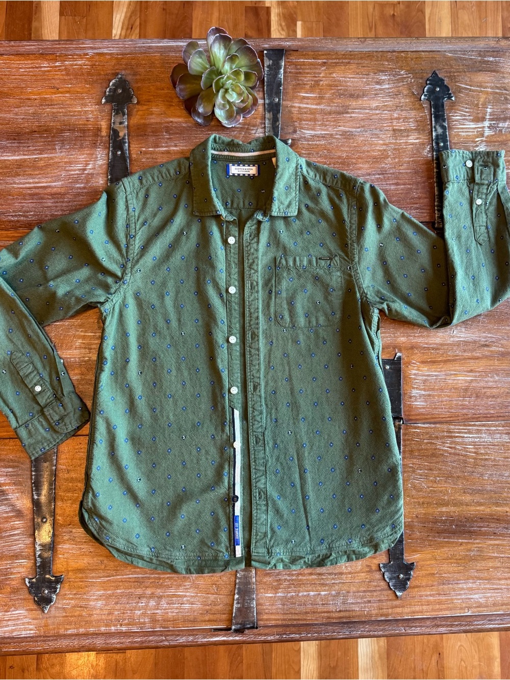 Scotch & Soda Olive Green Button-Front Shirt with Blue Dot Print